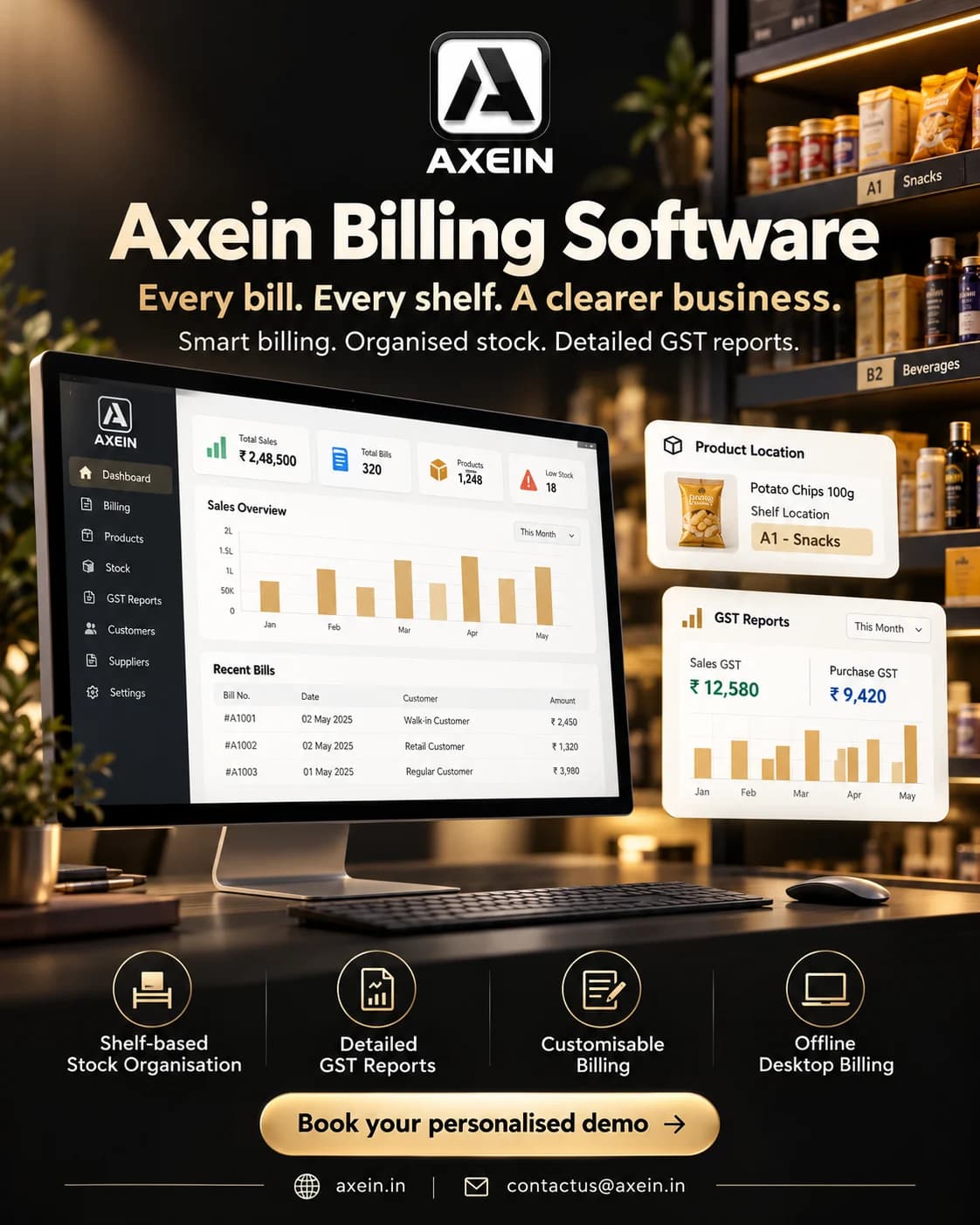 Axein Billing promotional artwork showing billing and stock reporting