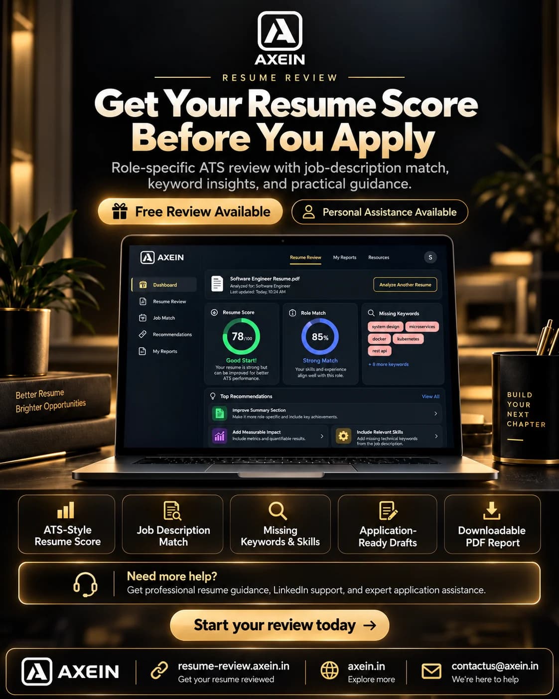 Axein Resume Review promotional artwork with an illustrative analysis dashboard