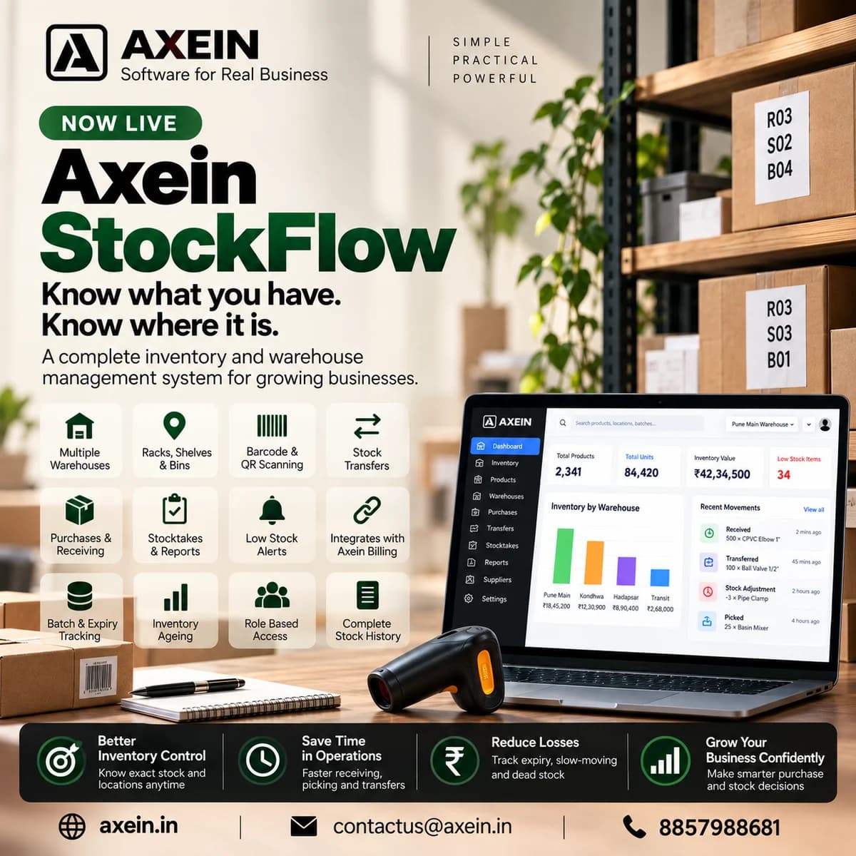 Axein StockFlow promotional artwork with warehouse locations and inventory