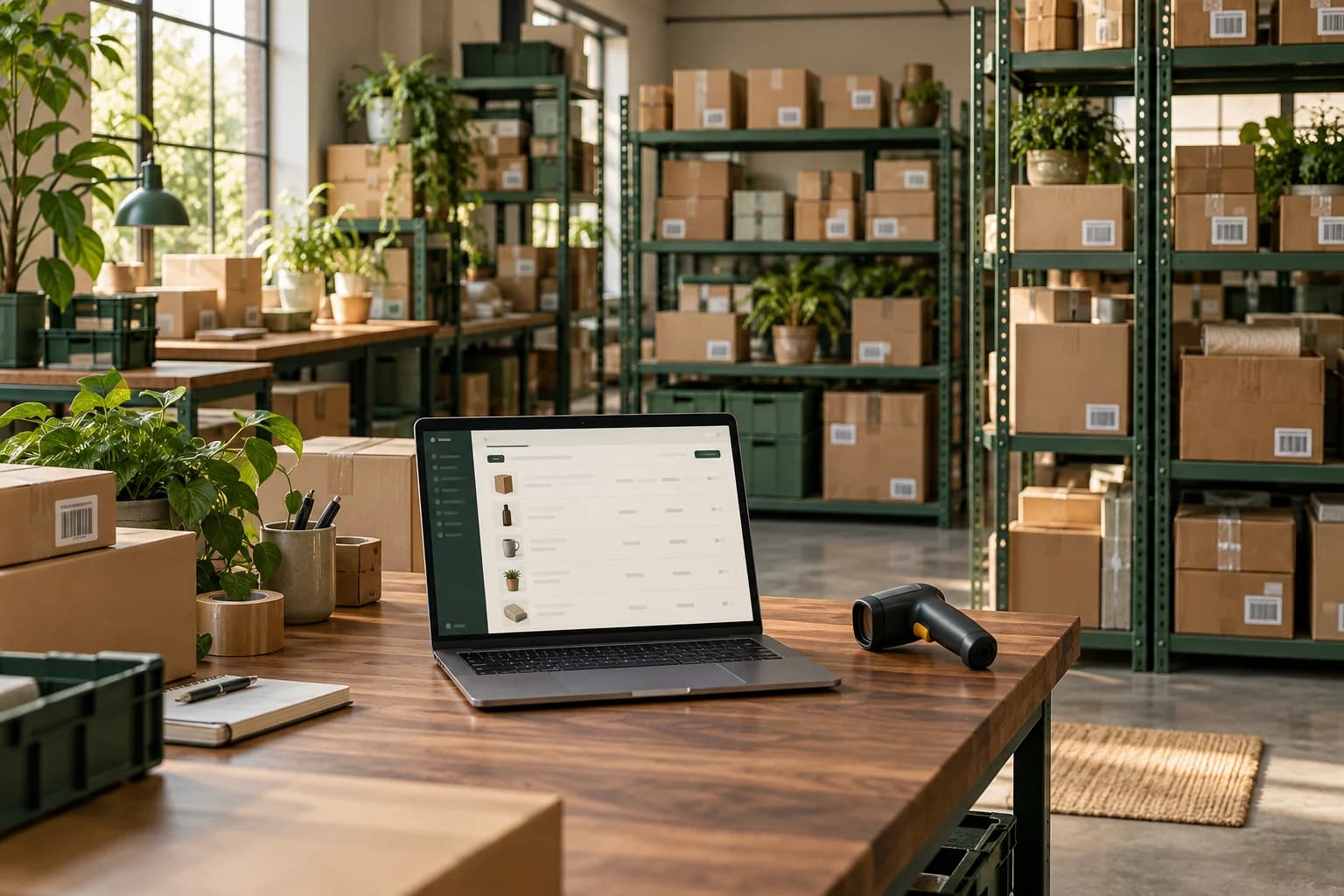 Illustrative organized warehouse workspace