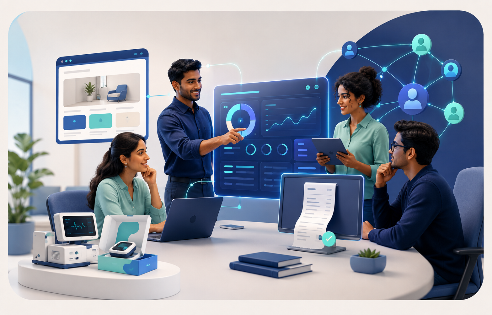 A collaborative team working across website, CRM, billing, and medical equipment workflows
