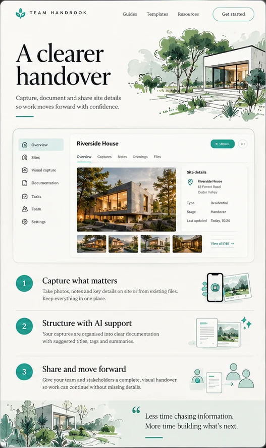 Illustrative team handbook with a visual dashboard, architectural imagery and three numbered guidance steps