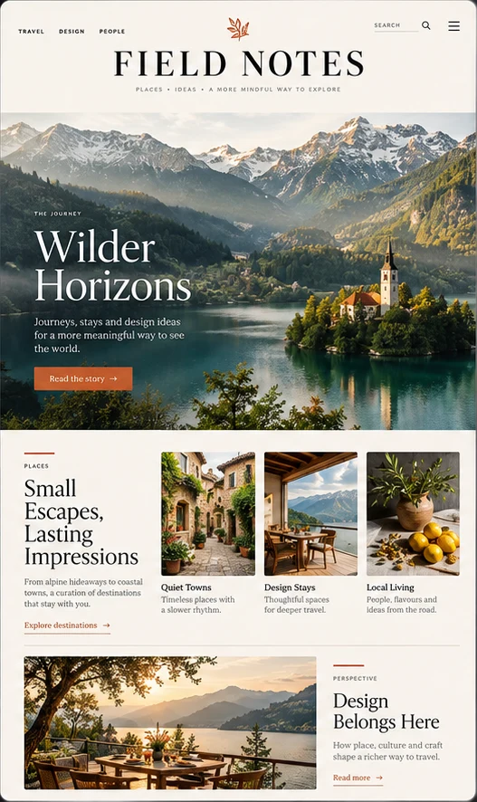 Illustrative Field Notes travel magazine page with an alpine lake, mountain photography and editorial columns