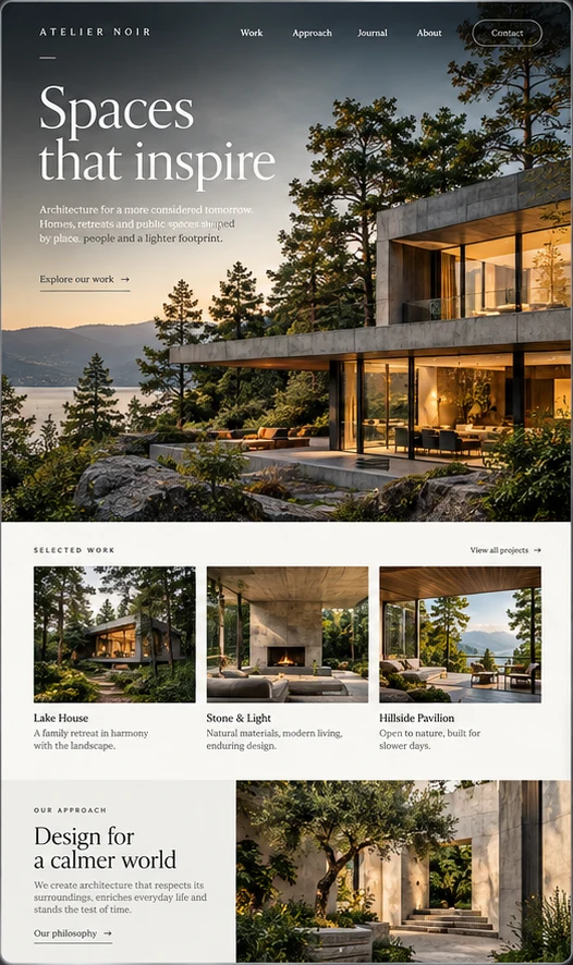 Illustrative architecture website with a modern lakeside house, editorial typography and a project photo gallery